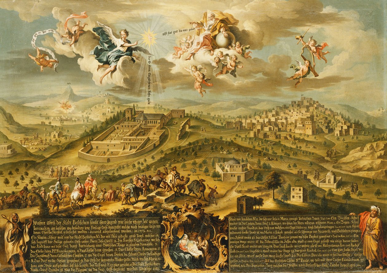 Een Uitzicht op Bethlehem met de Reis van de Wijzen, de Drie-eenheid Boven en de Geboorte in een Geschilderde Cartouche Onder, 1752 door Joseph Stephan