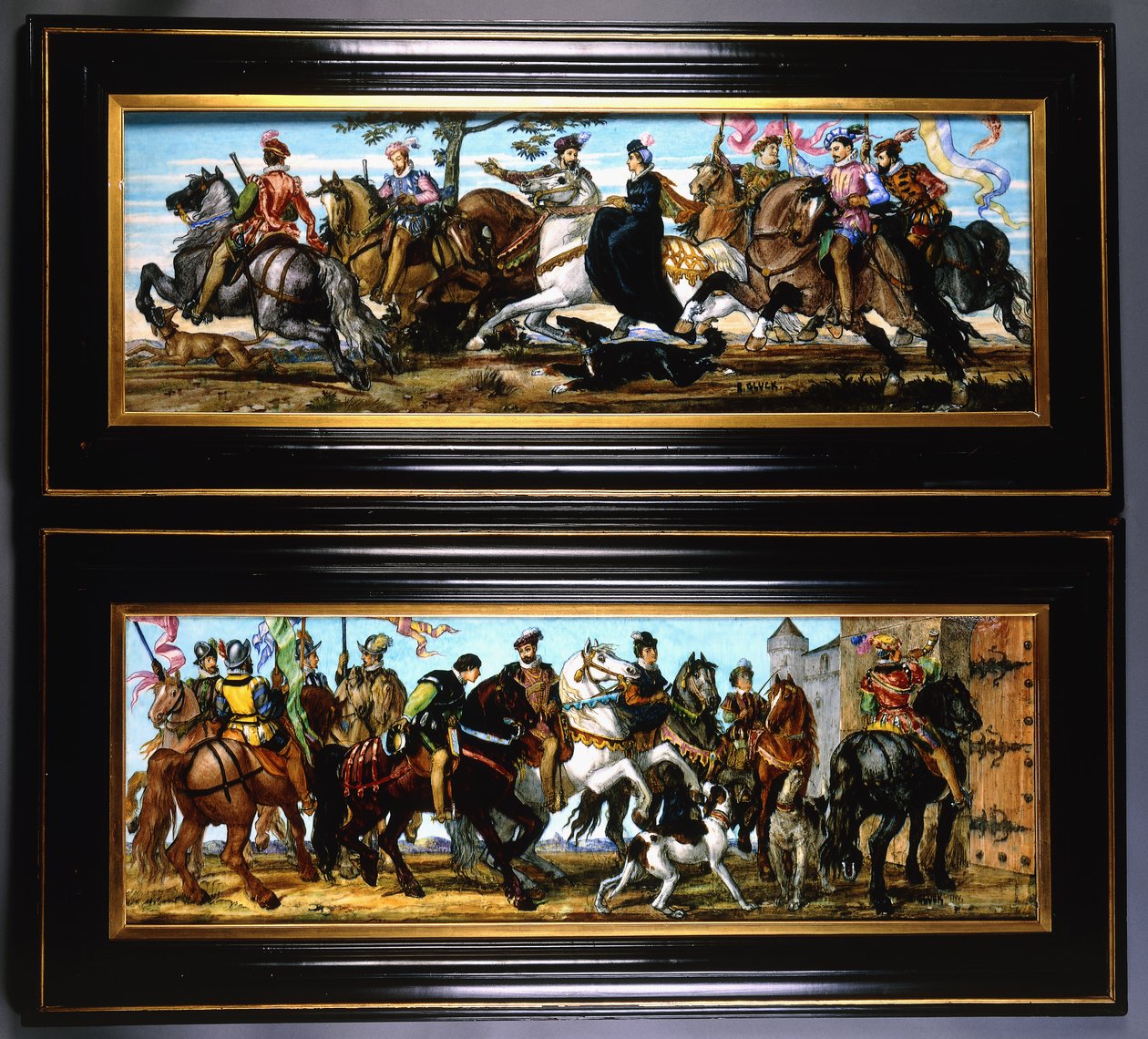 Een paar aardewerken muurplaten, met middeleeuwse scènes van jagers met honden door Joseph Theodore Deck