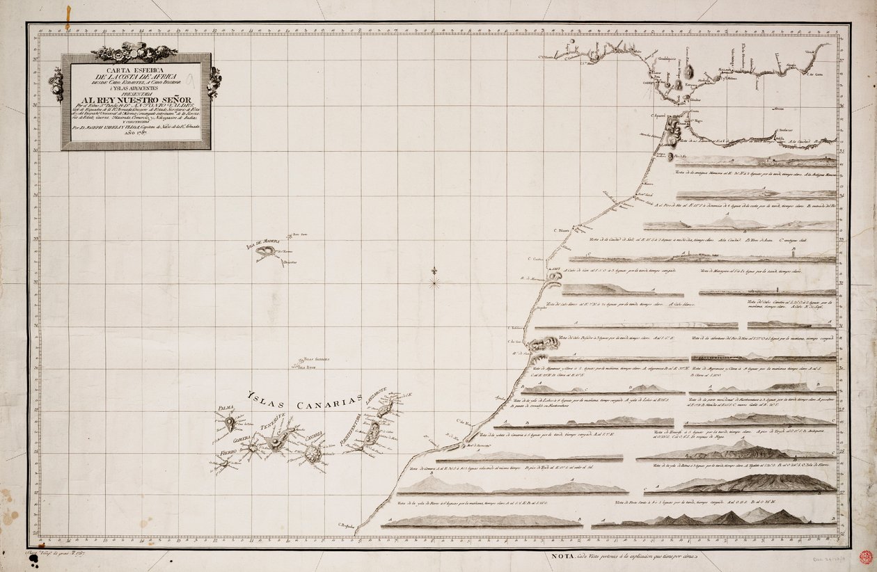 Kaart van de westkust van Afrika en de Canarische eilanden door Joseph Varelay Ulloa