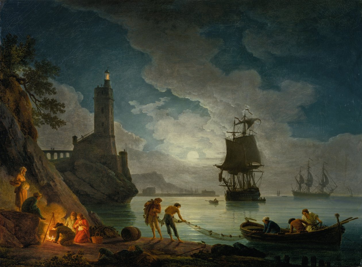 Een haven bij maanlicht door Claude Joseph Vernet