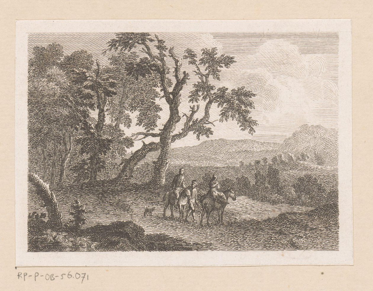 Landschap met twee ruiters en een man te voet door Joseph Wagner (possibly)