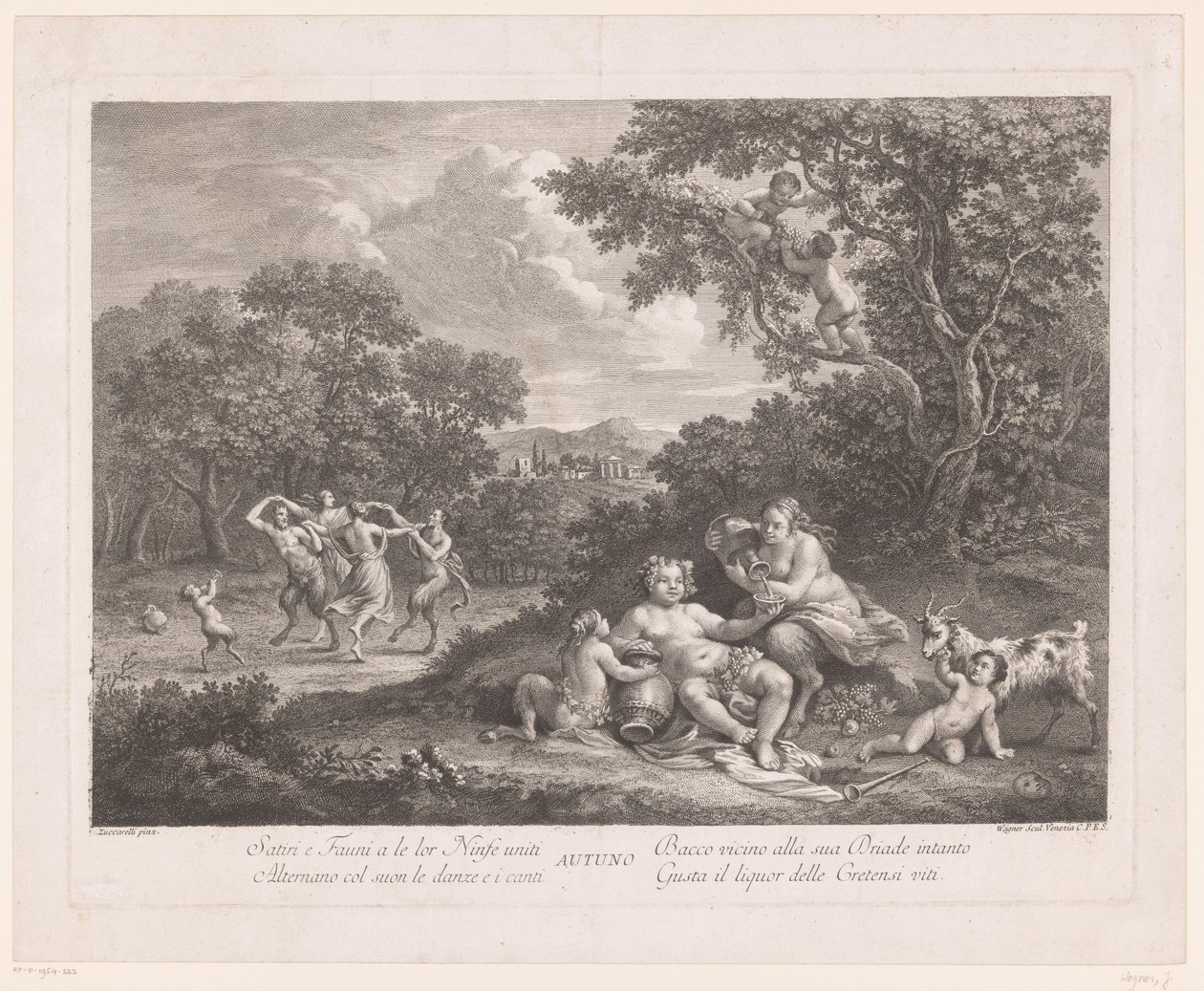 Landschap met Bacchus en dansende saters en maenaden door Joseph Wagner