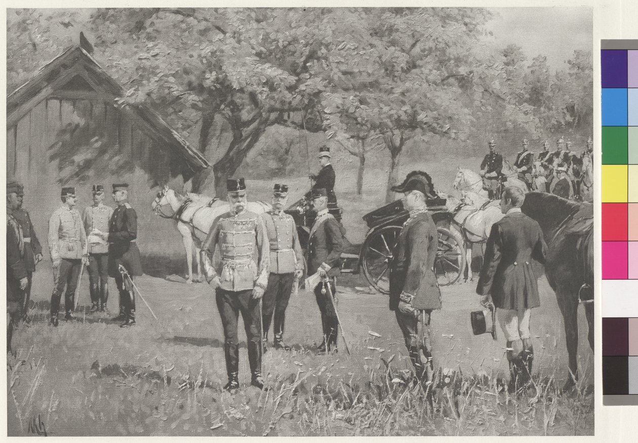 Keizer Franz Joseph I en Keizer Wilhelm II op de Rendezvousplatz in Totis door Joseph Walter