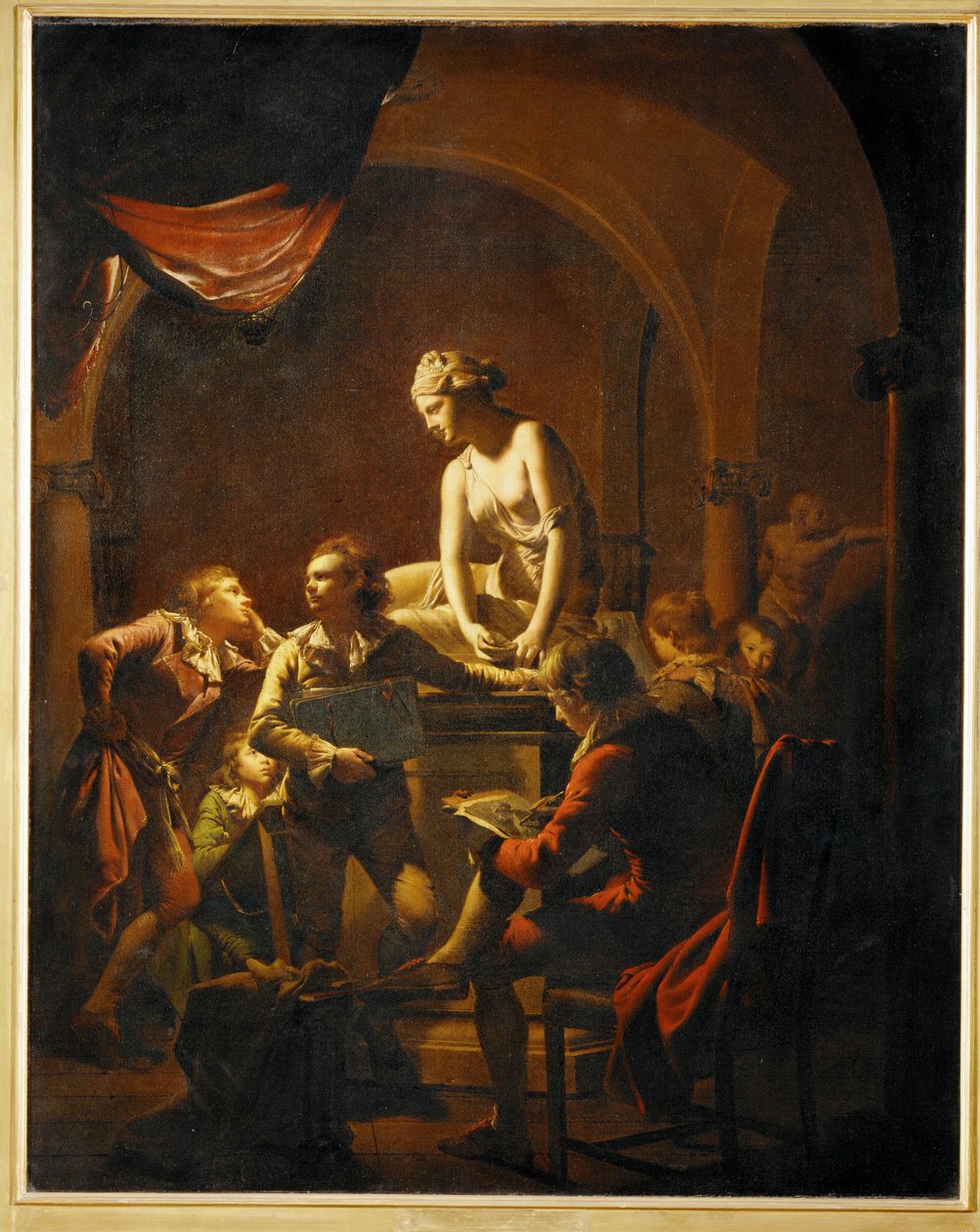 Een klas in een schildersacademie rond een gipsafgietsel van de nimf met schelp ... (schilderij op doek) door Joseph Wright of Derby