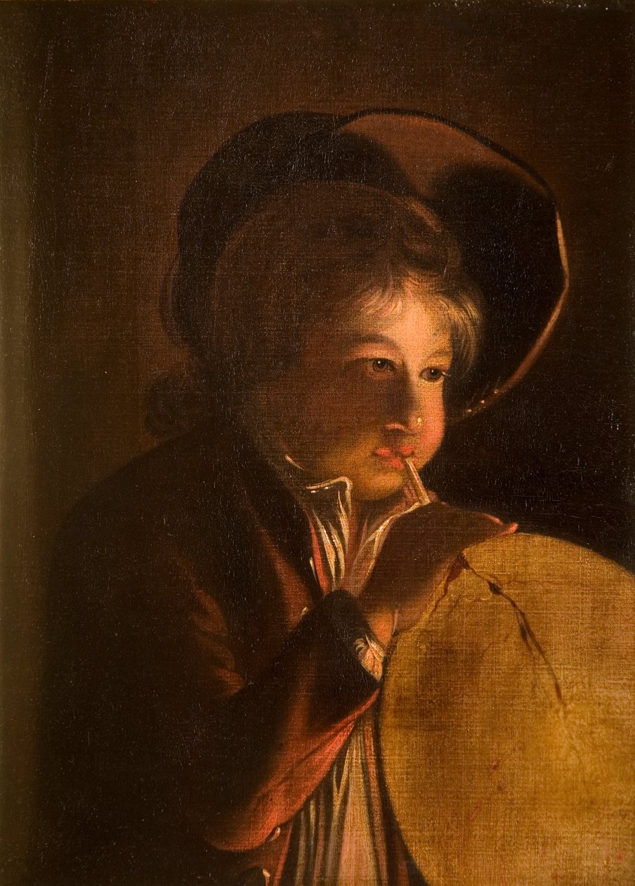 Jongen die een blaas opblaast bij kaarslicht door Joseph Wright of Derby
