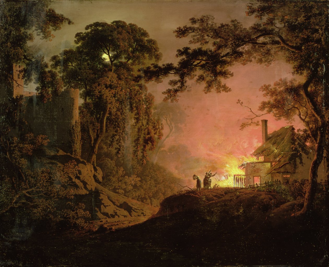 Huisje in brand door Joseph Wright of Derby