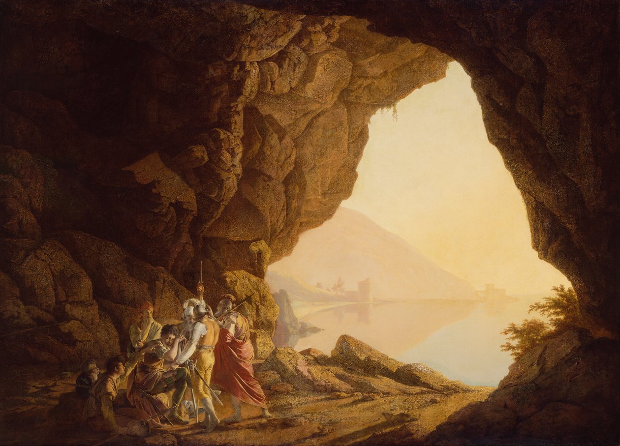 Grot aan zee in het Koninkrijk Napels met Banditti, zonsondergang door Joseph Wright of Derby