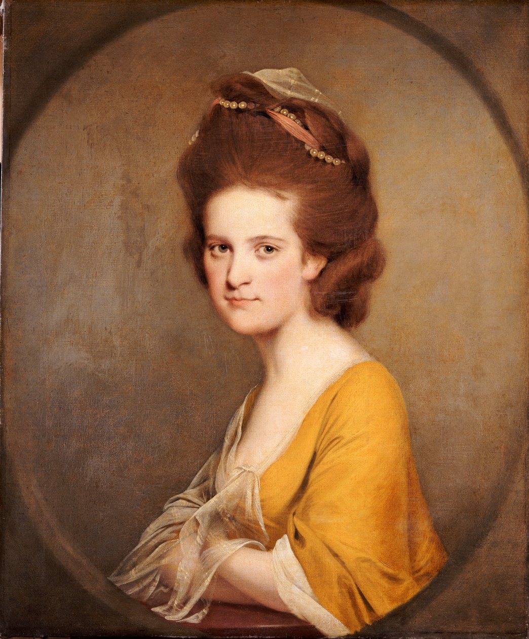 Portret van Dorothy Hodges, halve lengte, in een gele jurk door Joseph Wright of Derby