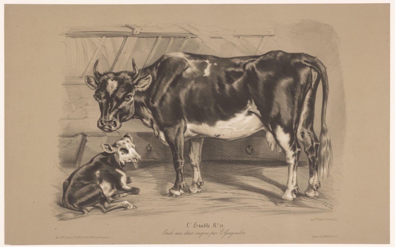 Koe met kalf in een stal door Joseph Zephyris Gengembre