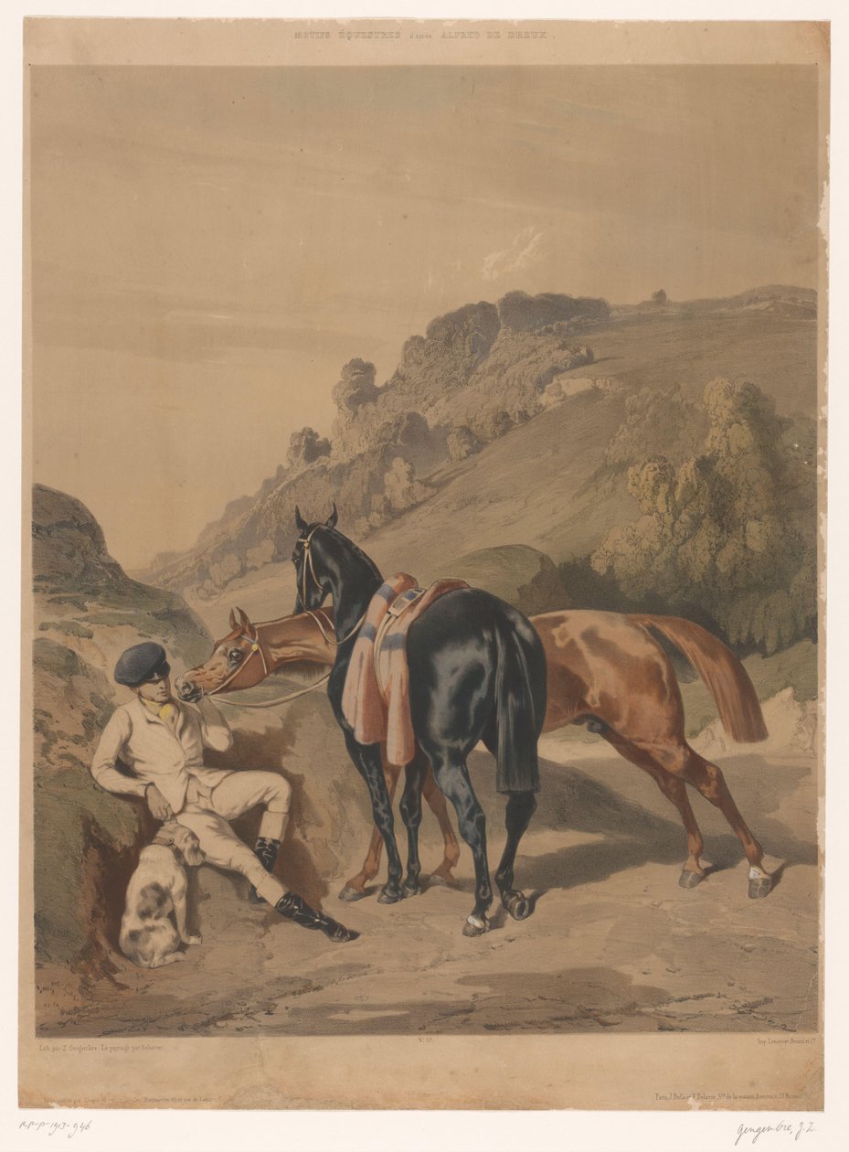 Twee paarden met rustende ruiter in een landschap door Joseph Zephyris Gengembre