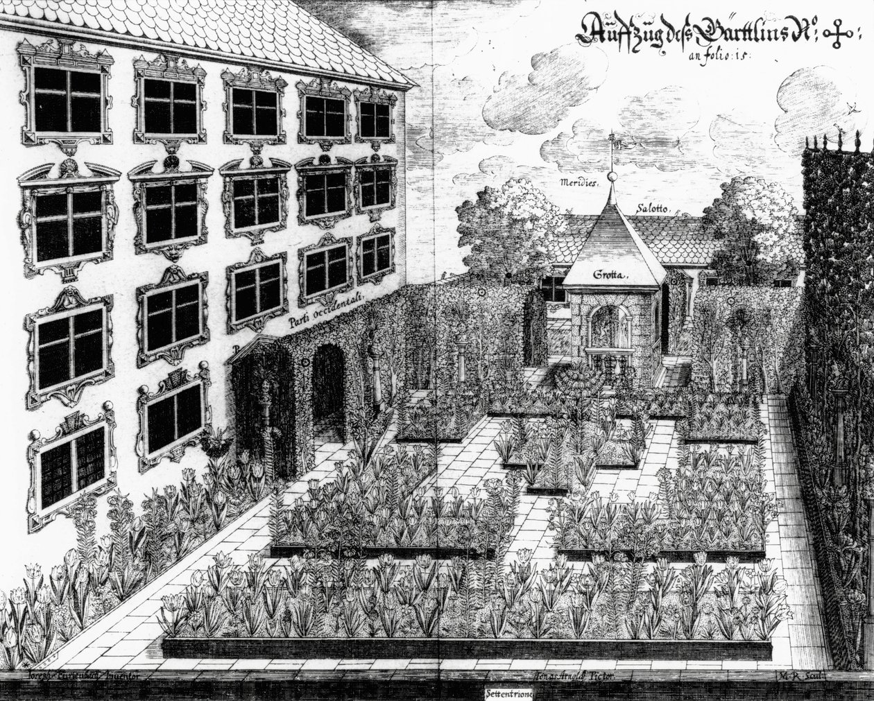 Ontwerp voor Furttenbachs tuin in Ulm, uit Architectura Privata, gegraveerd door Jonas Arnold (1600-69), gepubliceerd 1641 door Joseph after Furttenbach
