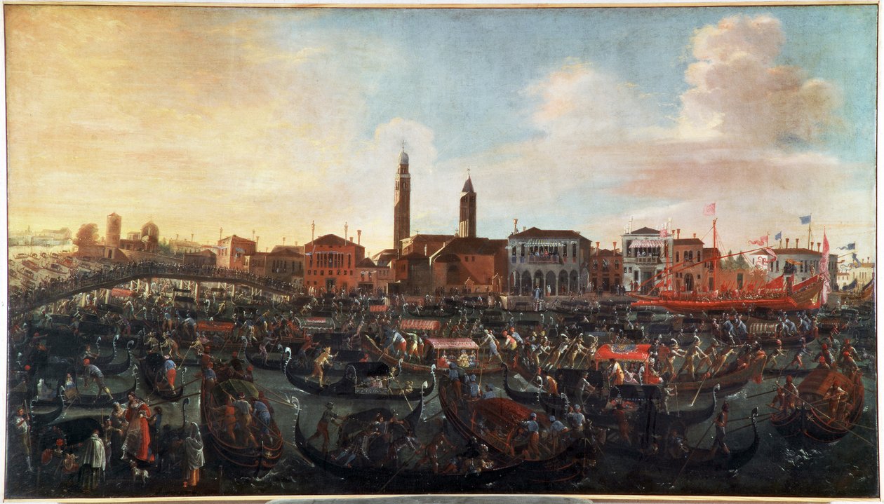 Feest van de fresco op de dag van de Hemelvaart in Murano, Venetië. Abdij van San Cipriano rechts en kerk Santo Stefano in het midden, vandaag verdwenen. door Joseph the younger Heintz