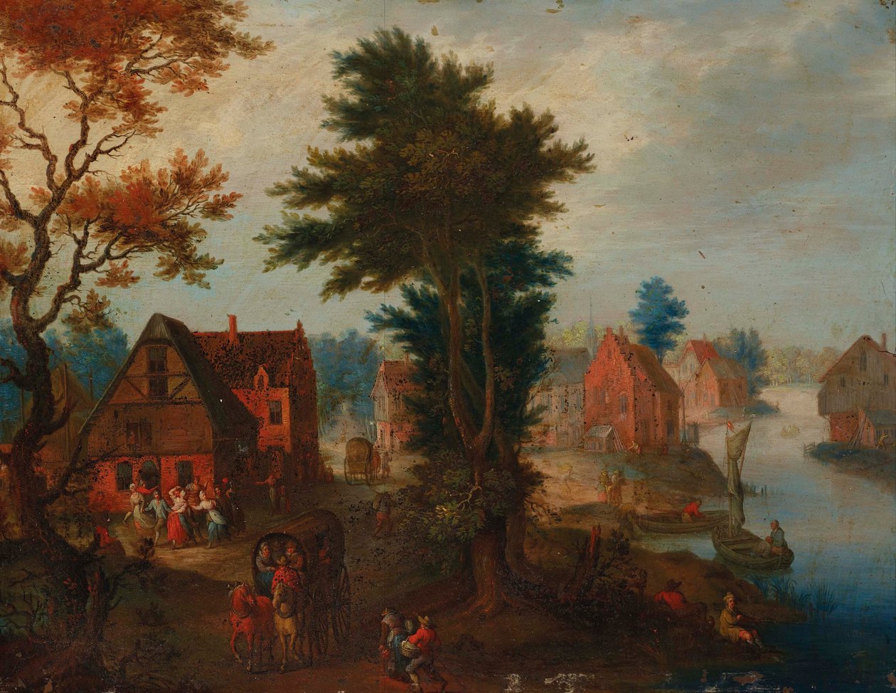 Een rivierlandschap met boten en koetsen bij een dorp door Joseph van Bredael