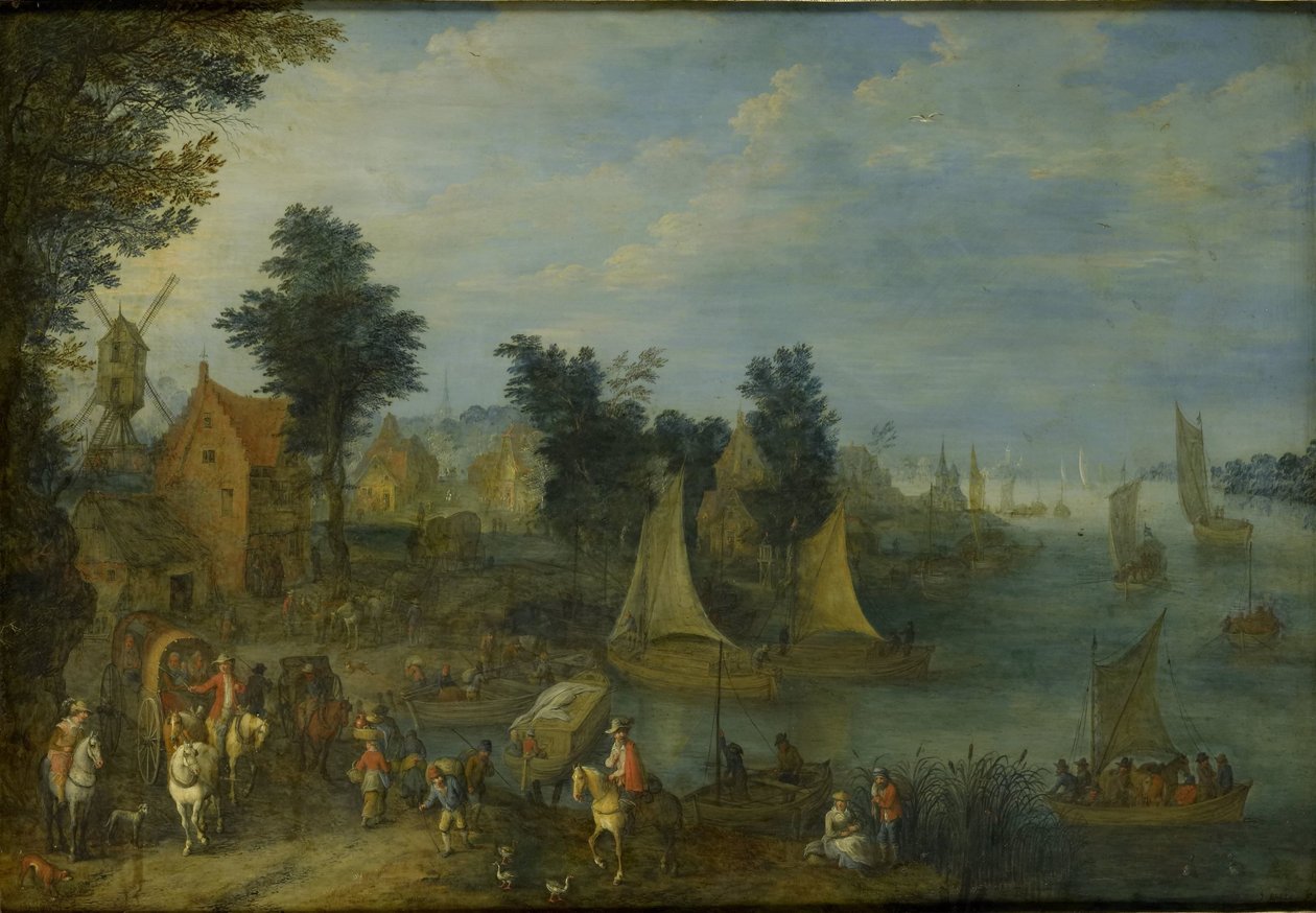 Dorp aan de oever van een rivier door Joseph van Bredael