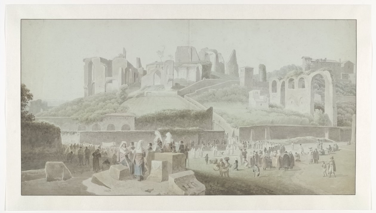Een processie aan de voet van de Palatijnse heuvel in Rome door Josephus Augustus Knip