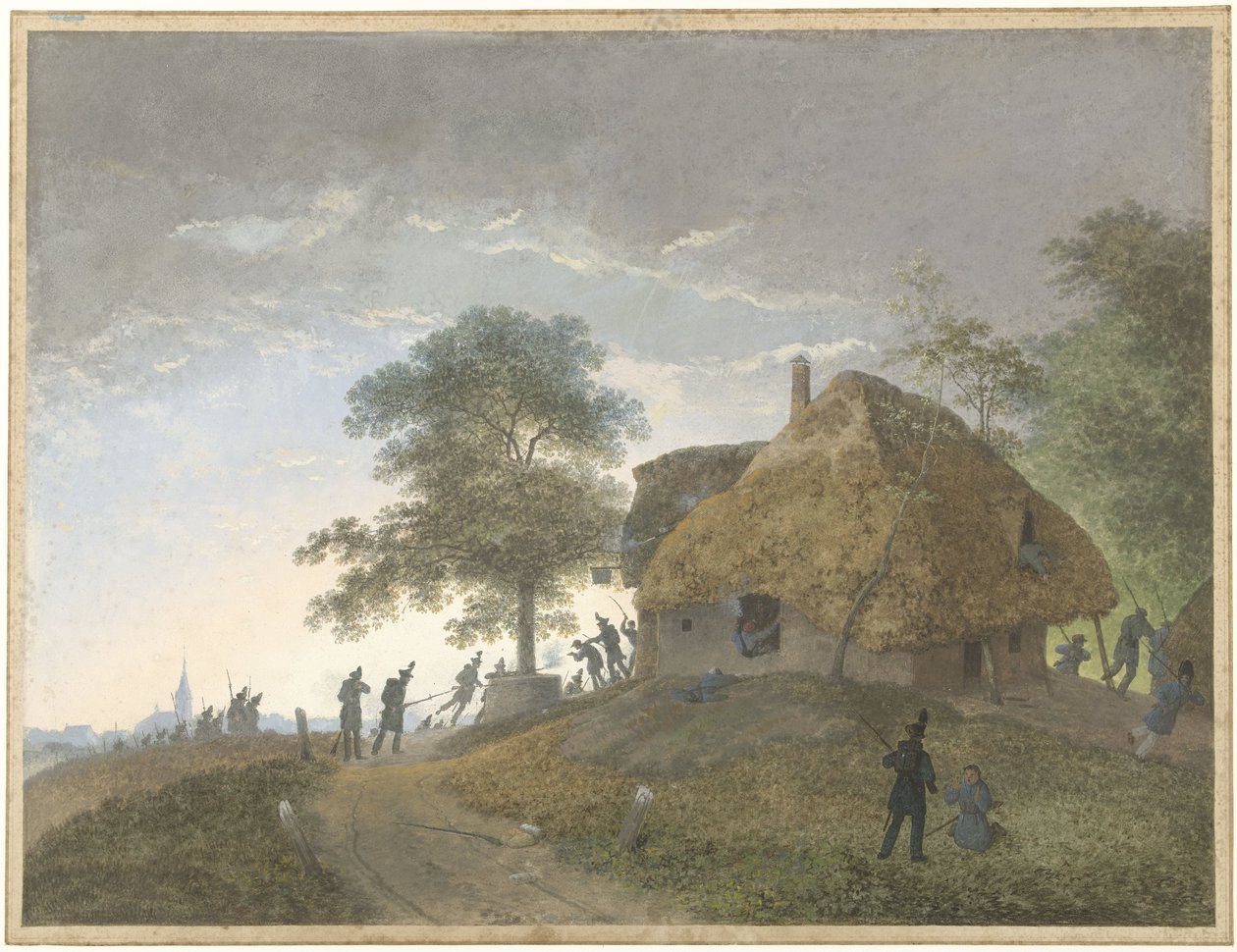Gevecht bij een herberg of huis met strodak op een heuvel door Josephus Augustus Knip