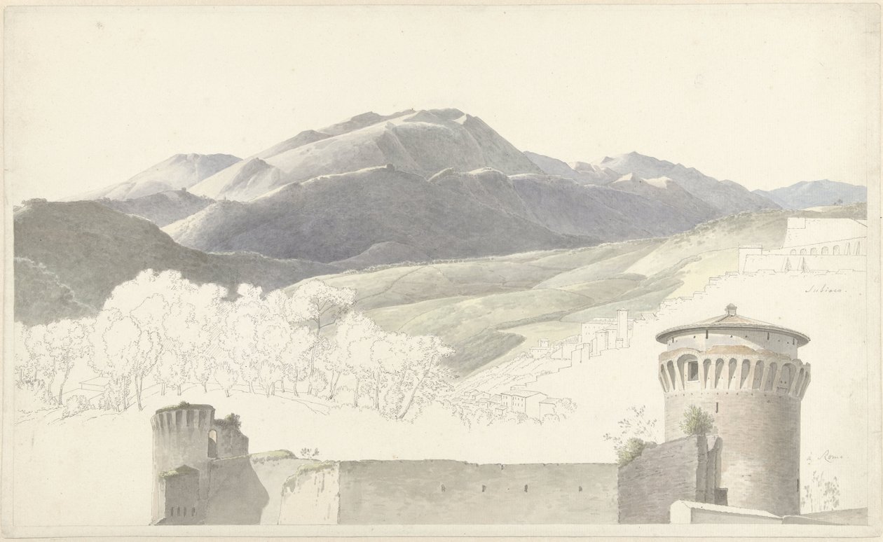 Landschap bij Subiaco en bouwwerk te Rome door Josephus Augustus Knip