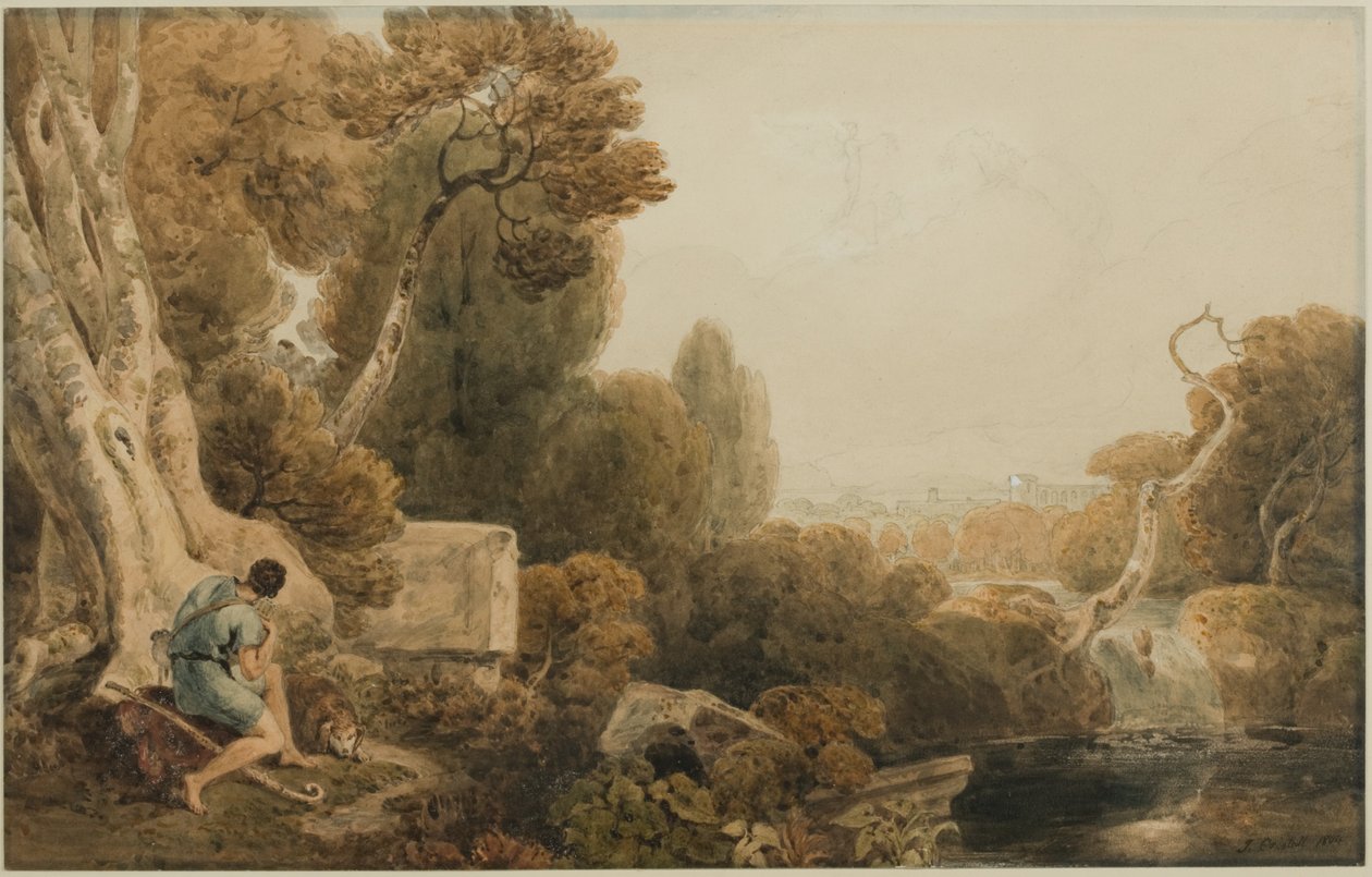 Klassiek landschap van de dageraad met pastorale figuren en Aurora in haar wagen door Joshua Cristall
