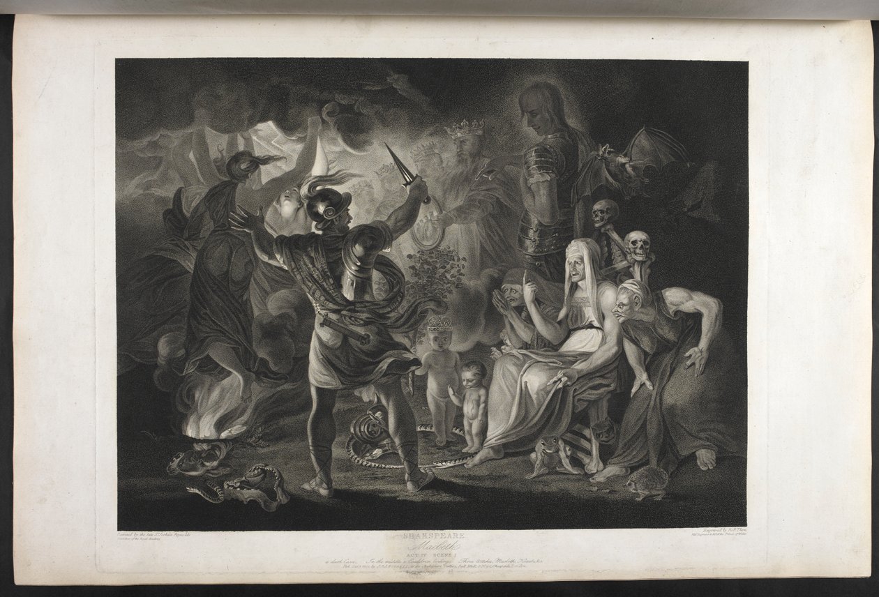 Macbeth. Act IV. Scene I. Een donkere grot. In het midden een kokende ketel. Drie heksen. Macbeth. Hecate. Macbeth staat tegenover de heksen en de verschijningen; aan zijn voeten, binnen een opgerolde slang, staan een klein bloederig kind en een kind met e door Joshua (after) Reynolds