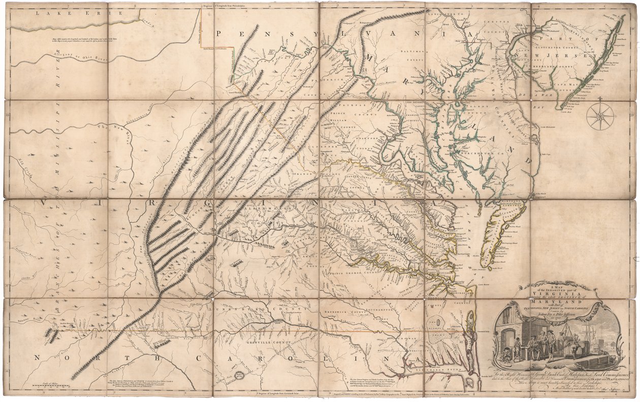 Een kaart van het bewoonde deel van Virginia door Fry en Jefferson door Joshua & Jefferson Peter Fry