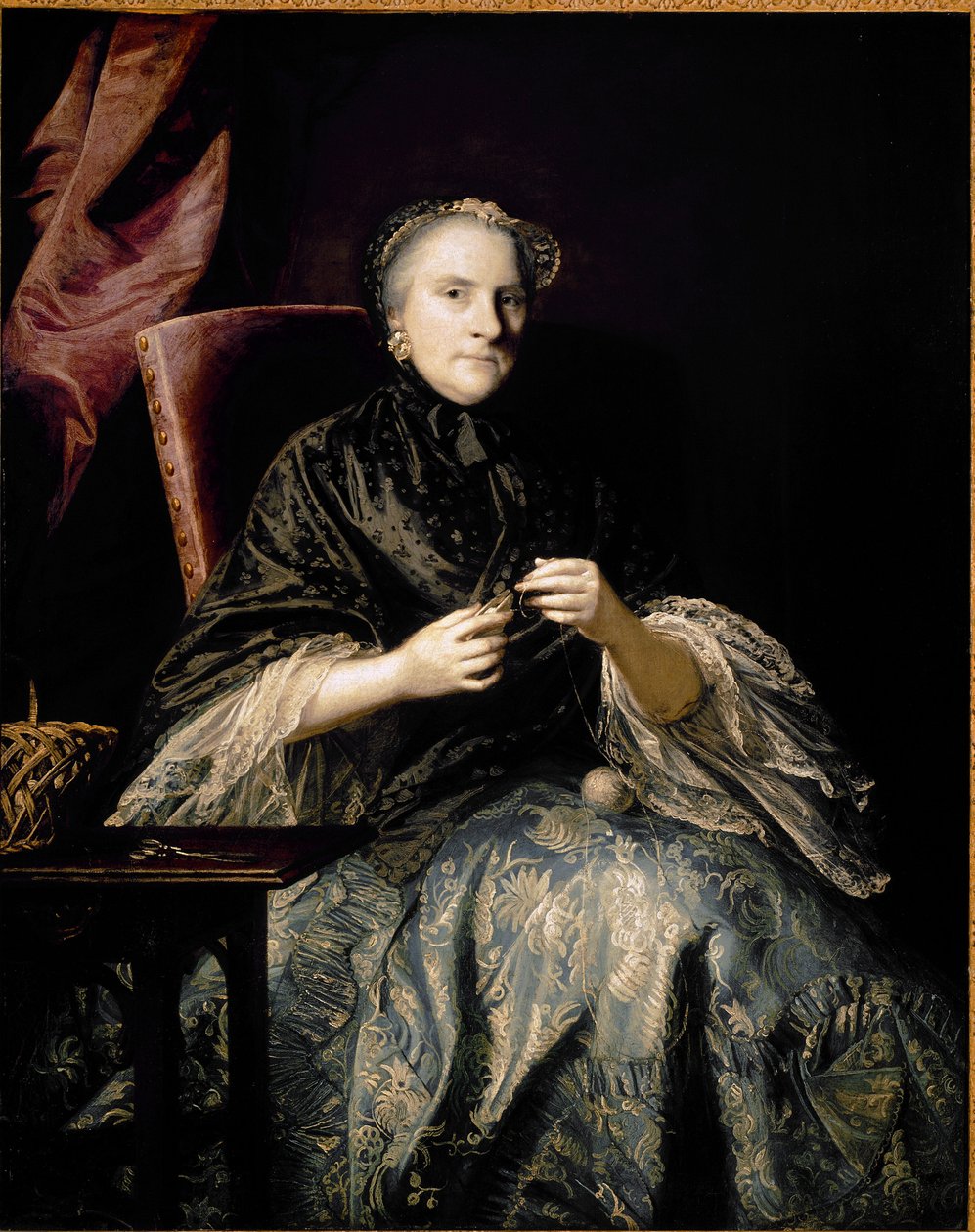 Portret van Anne, tweede gravin van Albemarle die knopen maakt door Joshua Reynolds