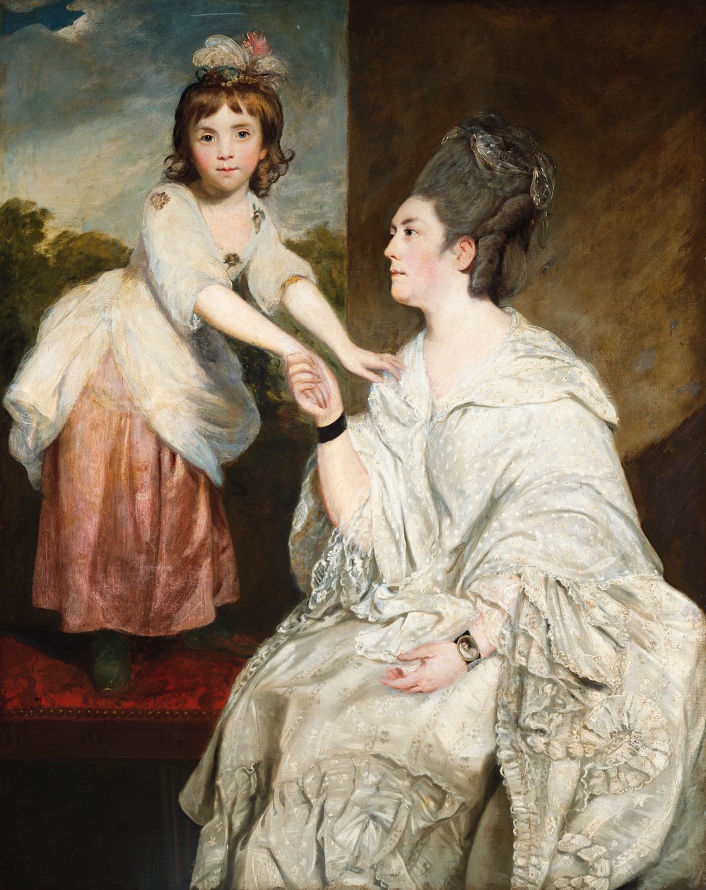 Portret van mevrouw Sarah Otway, in witte kleding met haar dochter Jane voor een raam door Joshua Reynolds