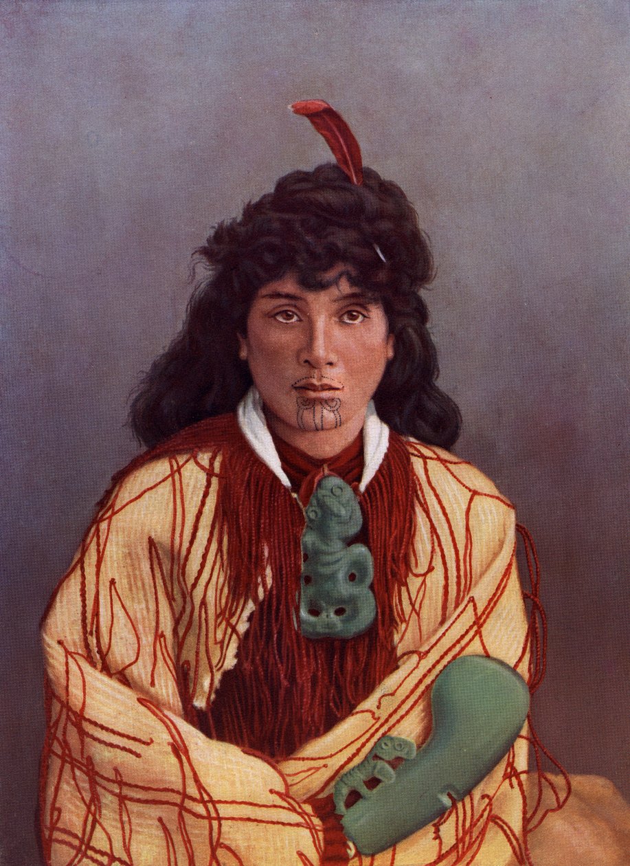 Portret van een jonge Maori vrouw, Susan Rotorua, ca. 1890 (kleur litho naar een albumine print) door Josiah Martin