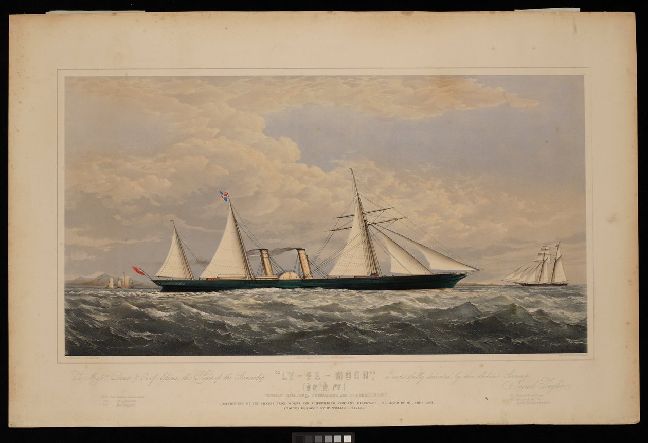 Aan de heren Dent & Co van China, deze prent van het stoomschip Ly-Ee-Moon, Norman Hill, Esqr Commandant.... gebouwd door de Thames Iron Works and Shipbuilding Company, Blackwall..., c.1860 door Josiah Taylor