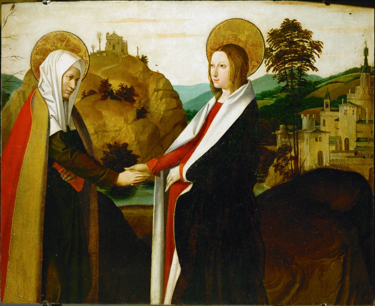 De Visitatie (schilderij op hout) door Josse (fl.1493-1508) Lieferinxe