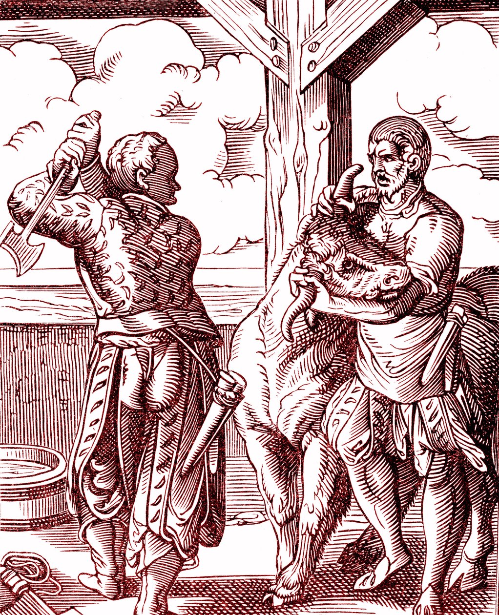 Een slager - Voedsel en koken in de Middeleeuwen. Gravure door Jost Amman (1539-1591). Gravure 1878 door Jost (after) Amman