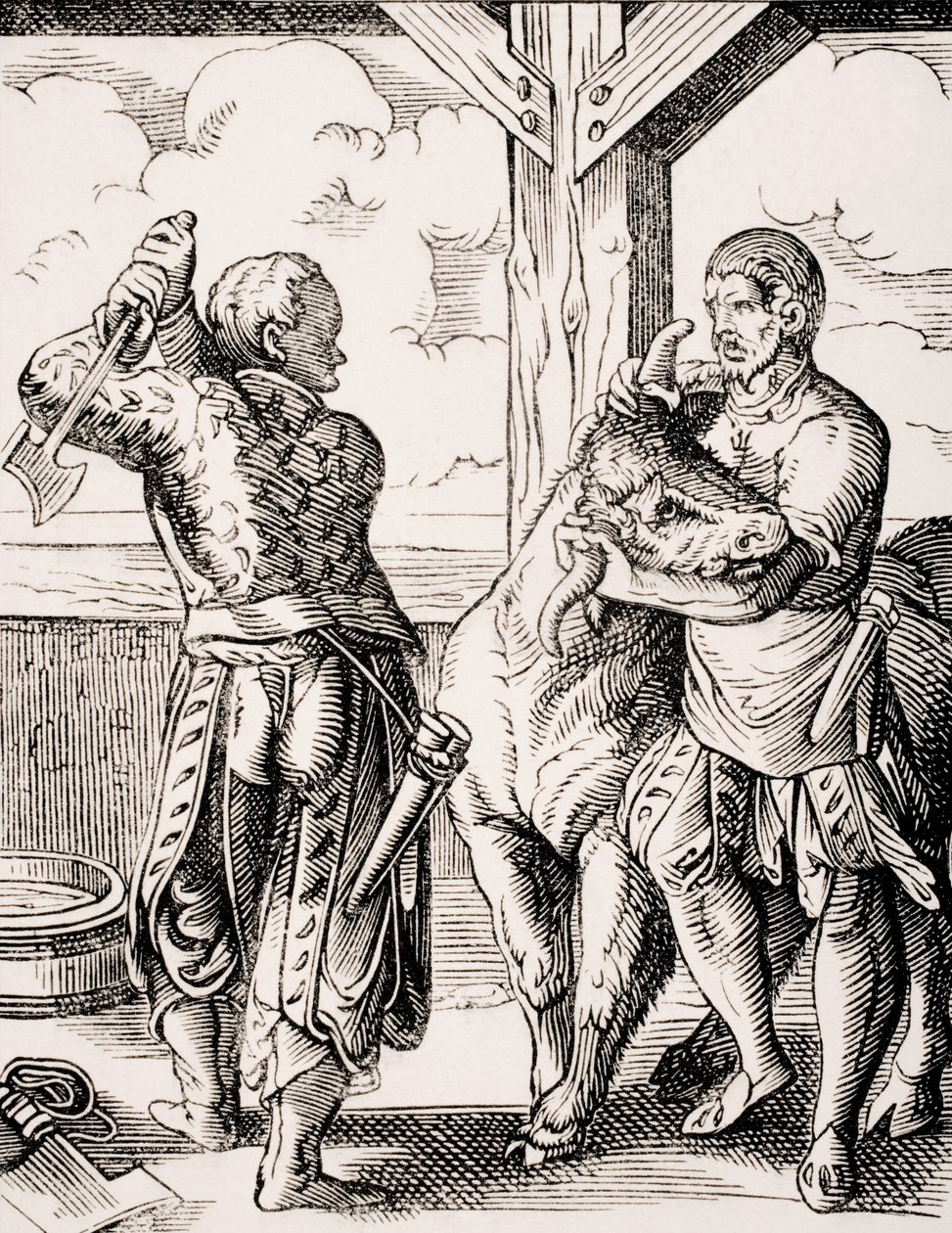 De slager en zijn assistent, reproductie van een 16e-eeuwse gravure door Jost Amman uit 