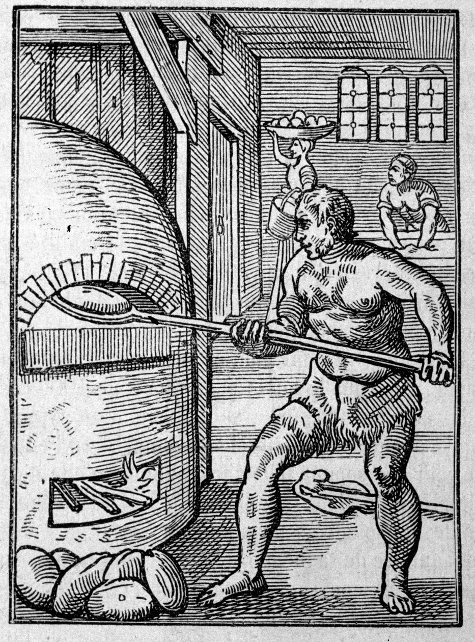 Een bakker die brood bakt in een oven. Gravure door Jost Amman (1539-1591) 16e eeuw. door Jost Amman