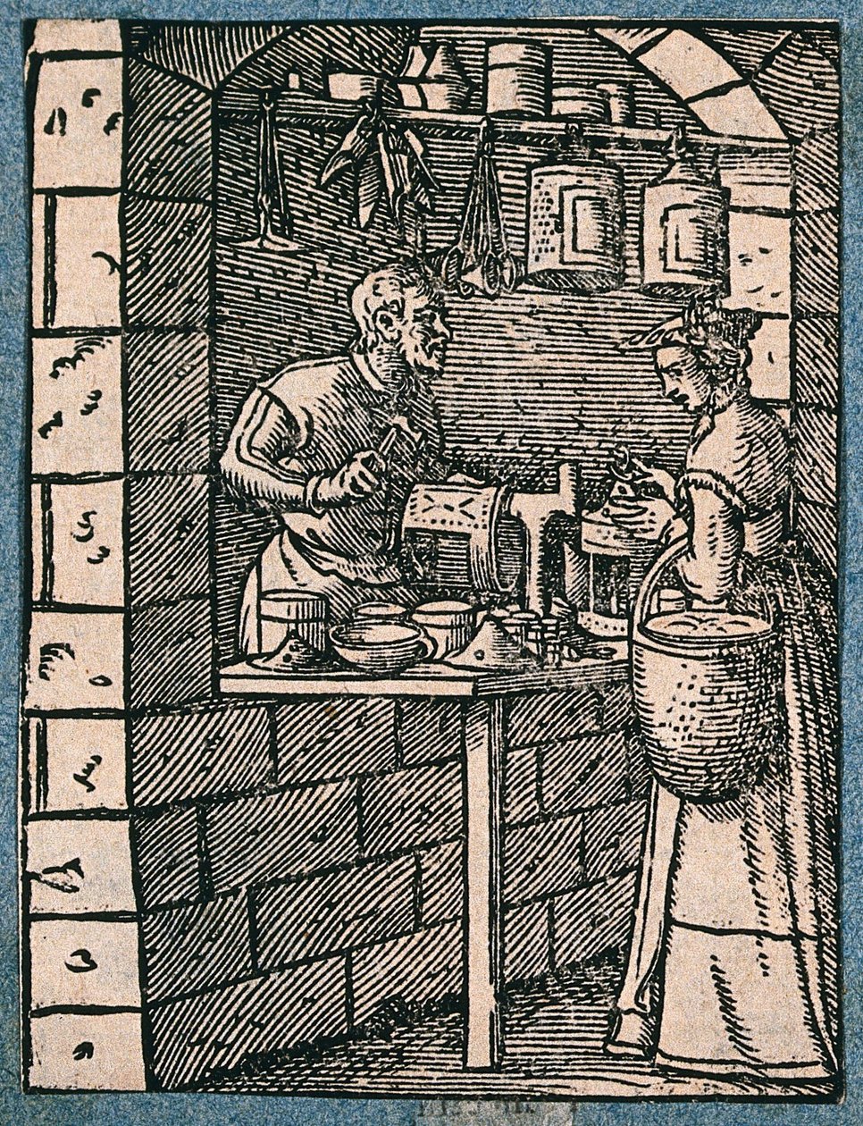 Een lantaarnmaker werkt aan zijn werkbank en praat met een vrouwelijke klant die een afgewerkte lantaarn bekijkt. Houtsnede van J. Amman. door Jost Amman