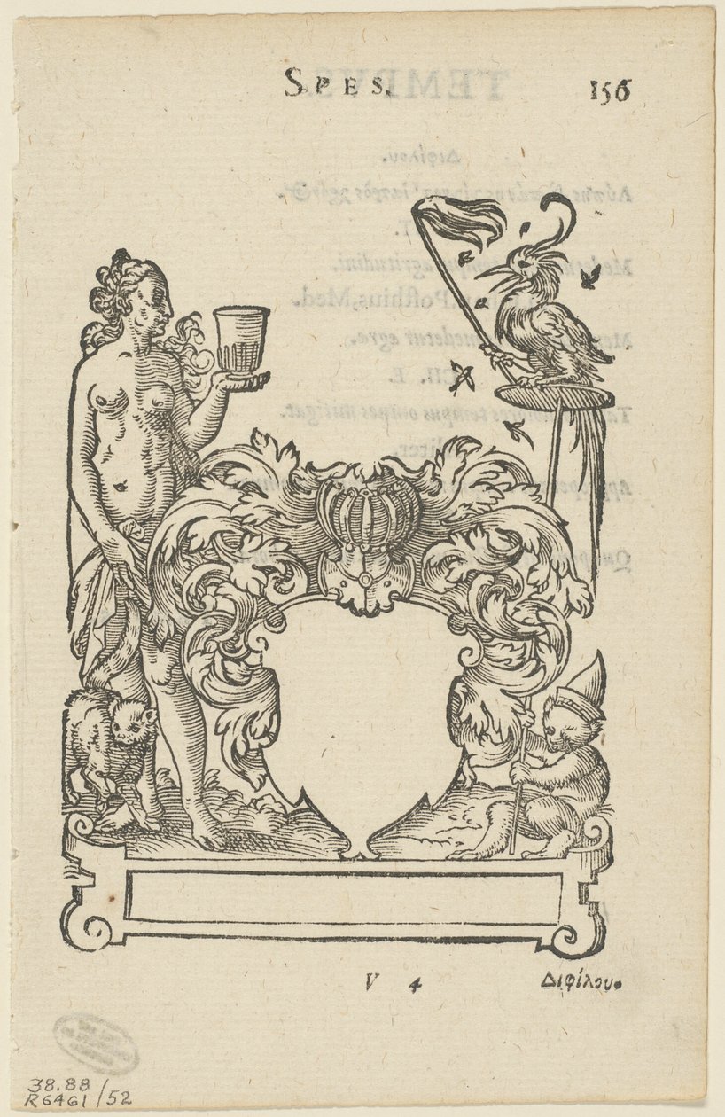 Embleem met blanco heraldisch schild, folio 156 uit de Anthologia Gnomonica door Jost Amman