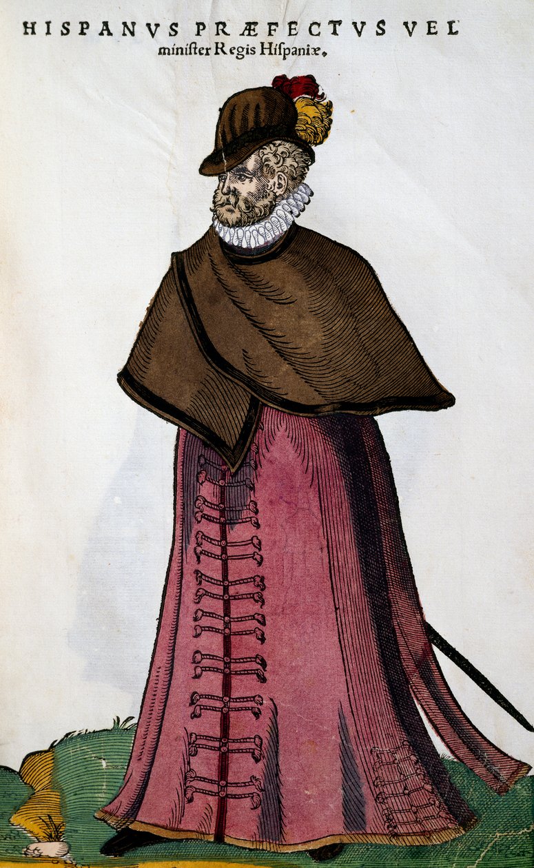 Kostuum van minister van het Spaanse koningshuis, gravure door Jost Amman uit Habitus praecipuorum populorum, virorum tam quam singulari foeminarum art depicti door Jost Amman