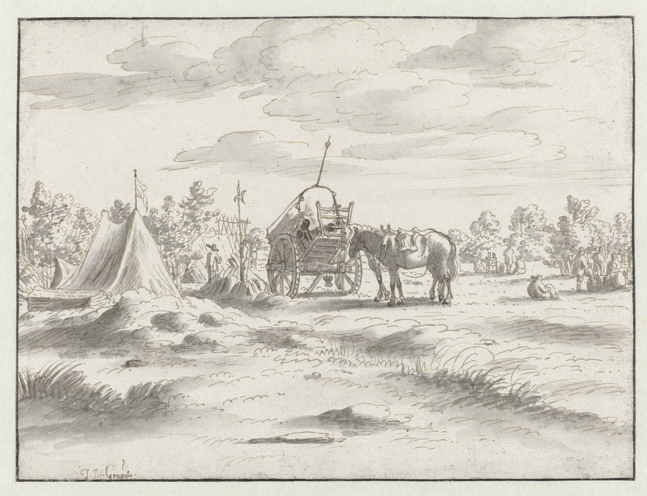 Gezicht op een kampement van het leger van Willem III bij Leuven door Josua de Grave