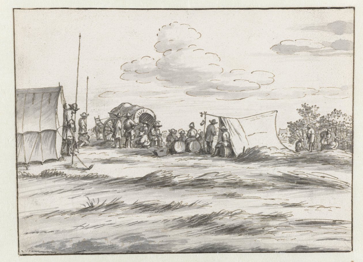 Gezicht op een kampement van het leger van Willem III bij Leuven door Josua de Grave