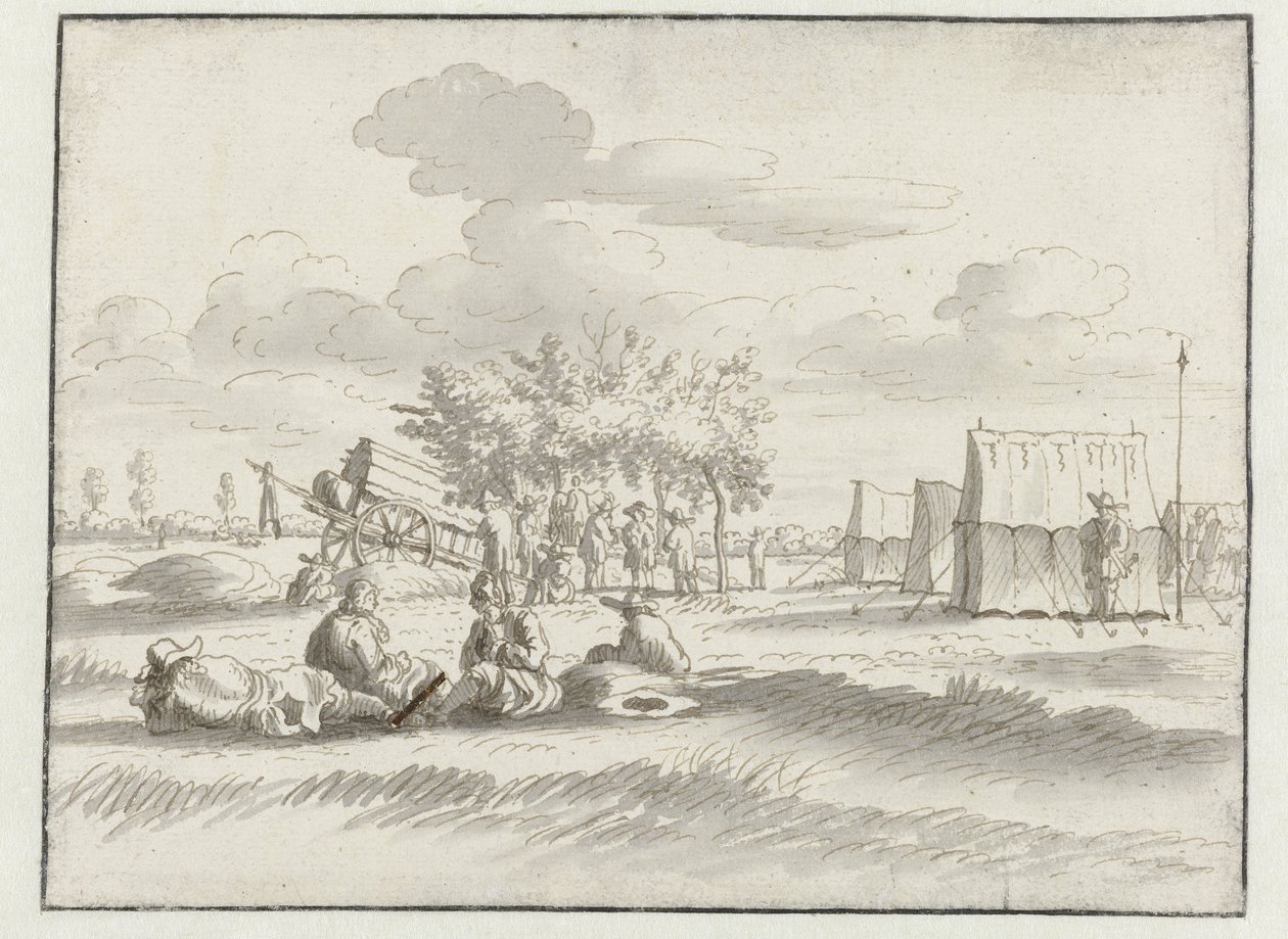 Gezicht op een kampement van het leger van Willem III bij Leuven door Josua de Grave