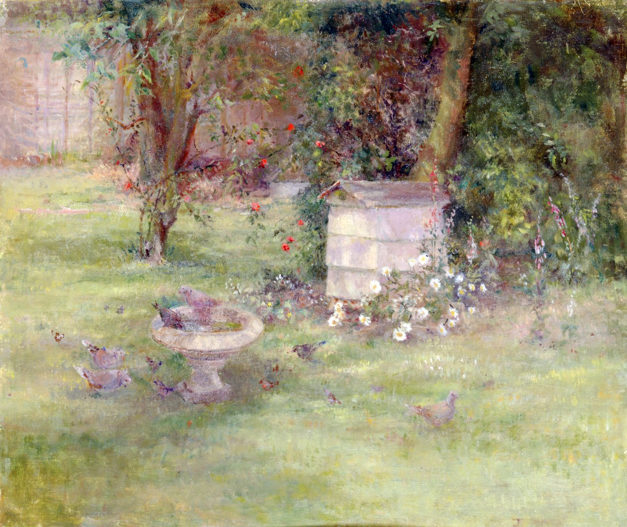 Vogelbad in een tuin (schilderij) door Joyce Haddon