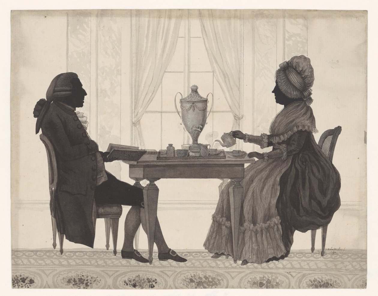 Silhouetten Louis Metayer (*1728) en Antoinette Bernard (*1735) aan tafel door Jozef Adolf Schmetterling