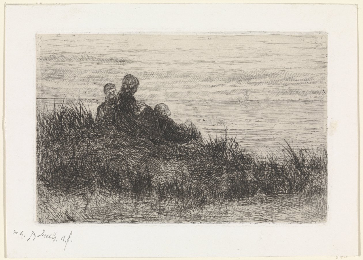 Duinlandschap met moeder en kinderen door Jozef Israëls (signed by artist)