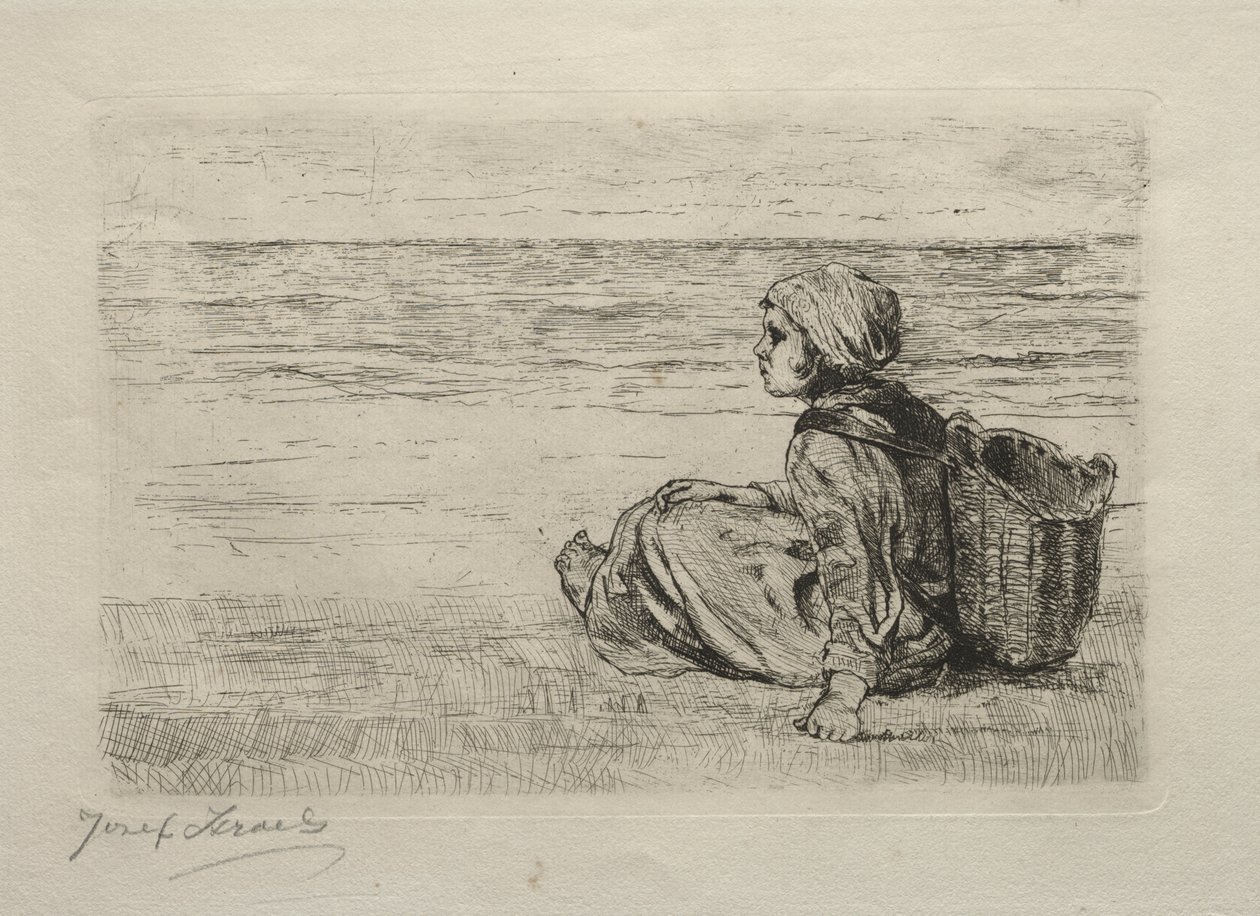 Meisje met mand zittend aan de kust door Jozef Israëls