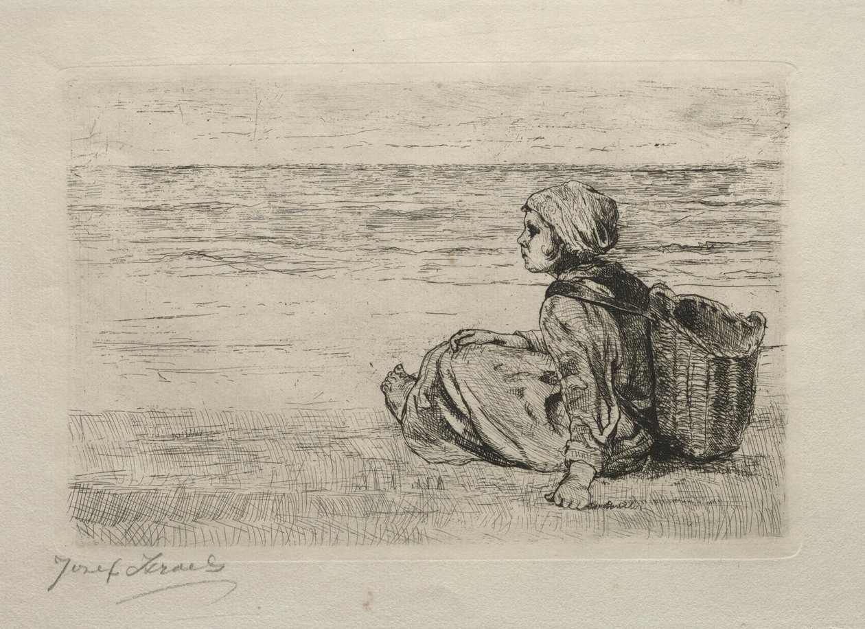 Meisje met mand zittend aan de kust door Jozef Israëls