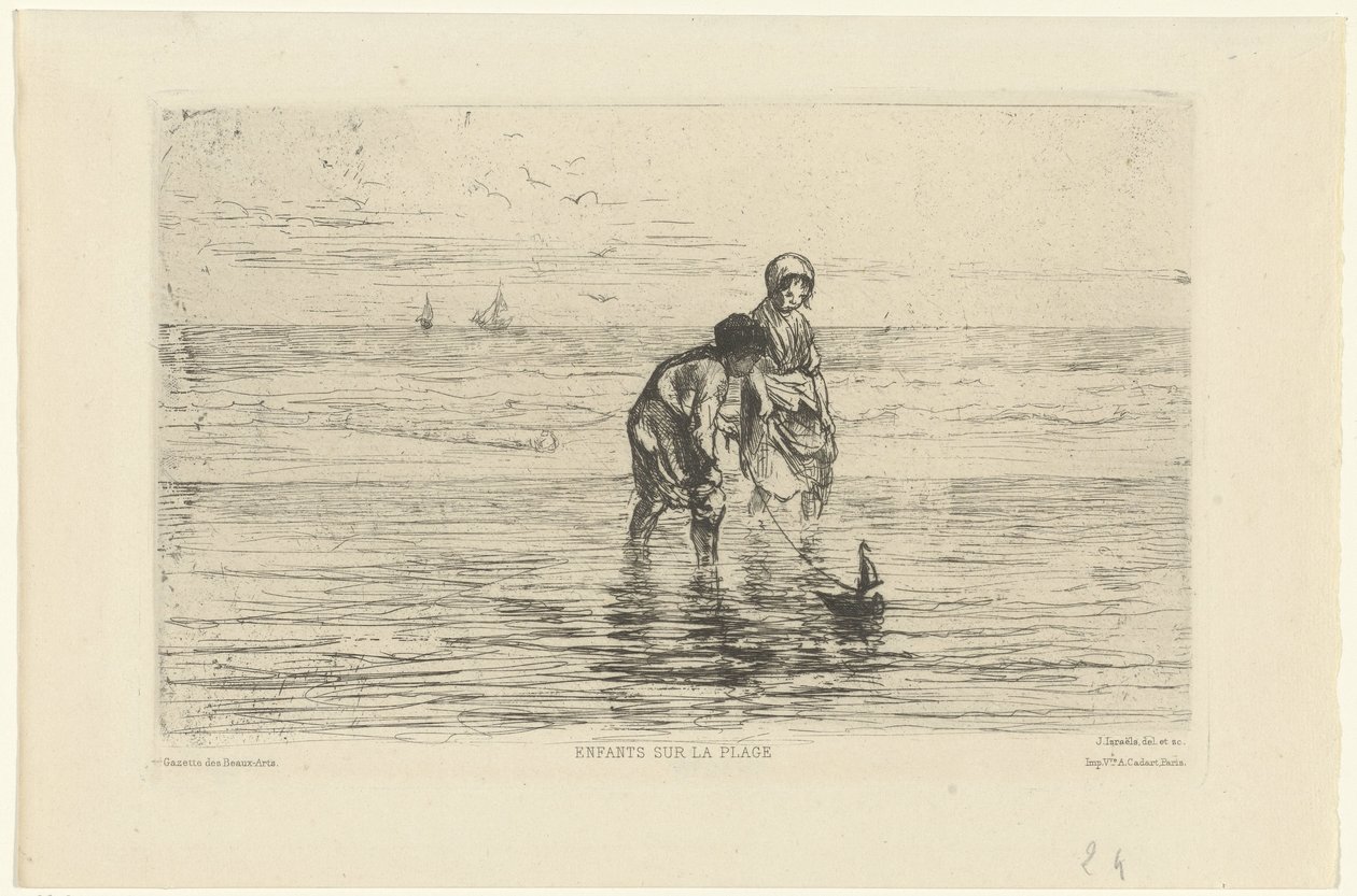 Kinderen spelend met een scheepje aan het strand door Jozef Israëls