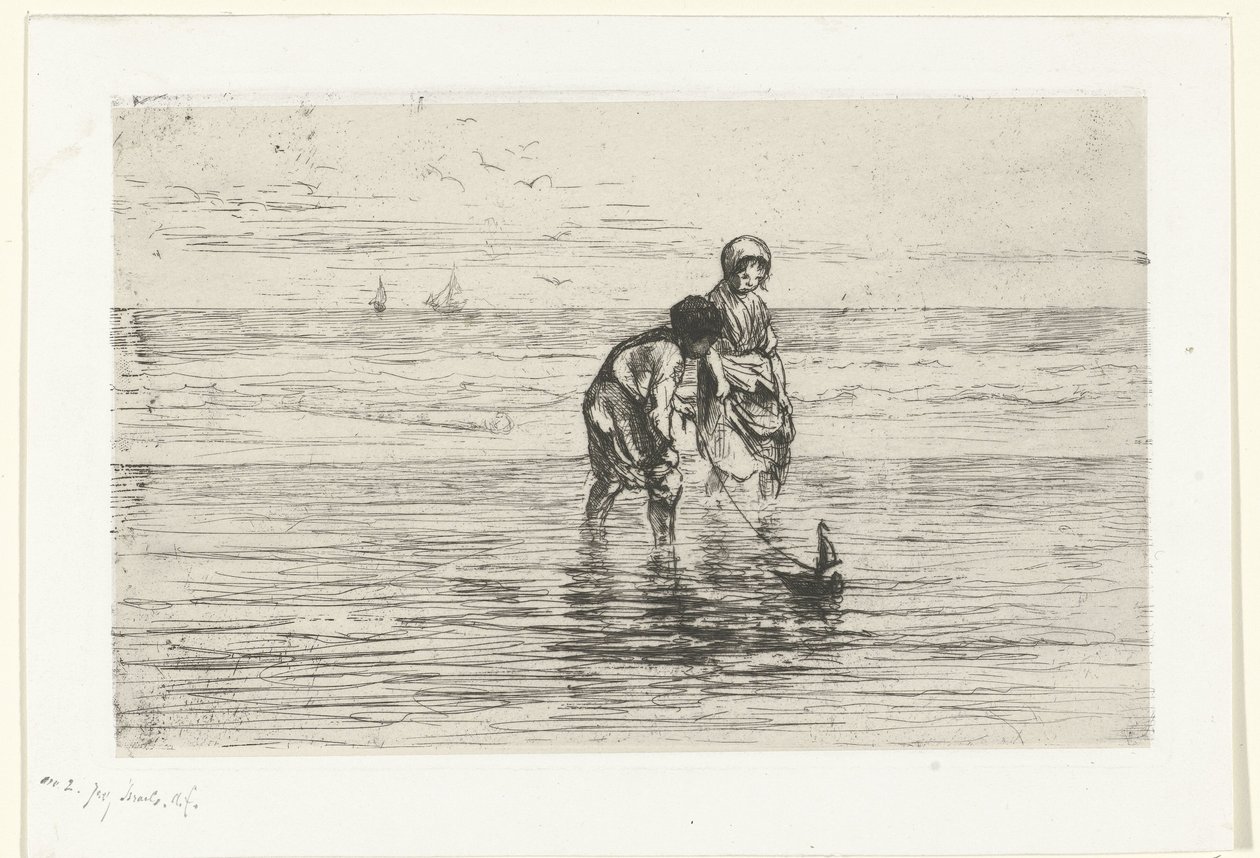 Kinderen spelend met een scheepje aan het strand door Jozef Israëls