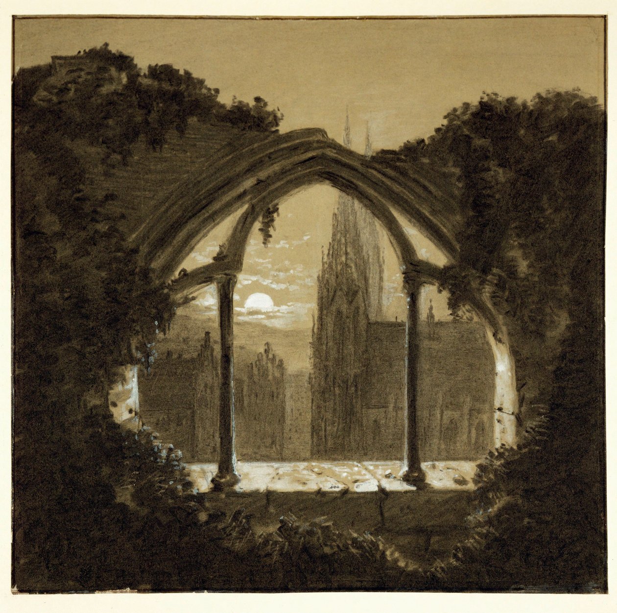 Gotische kathedraal gezien door ruïnes van een kasteel ... (houtskooltekening) door Józef Mehoffer