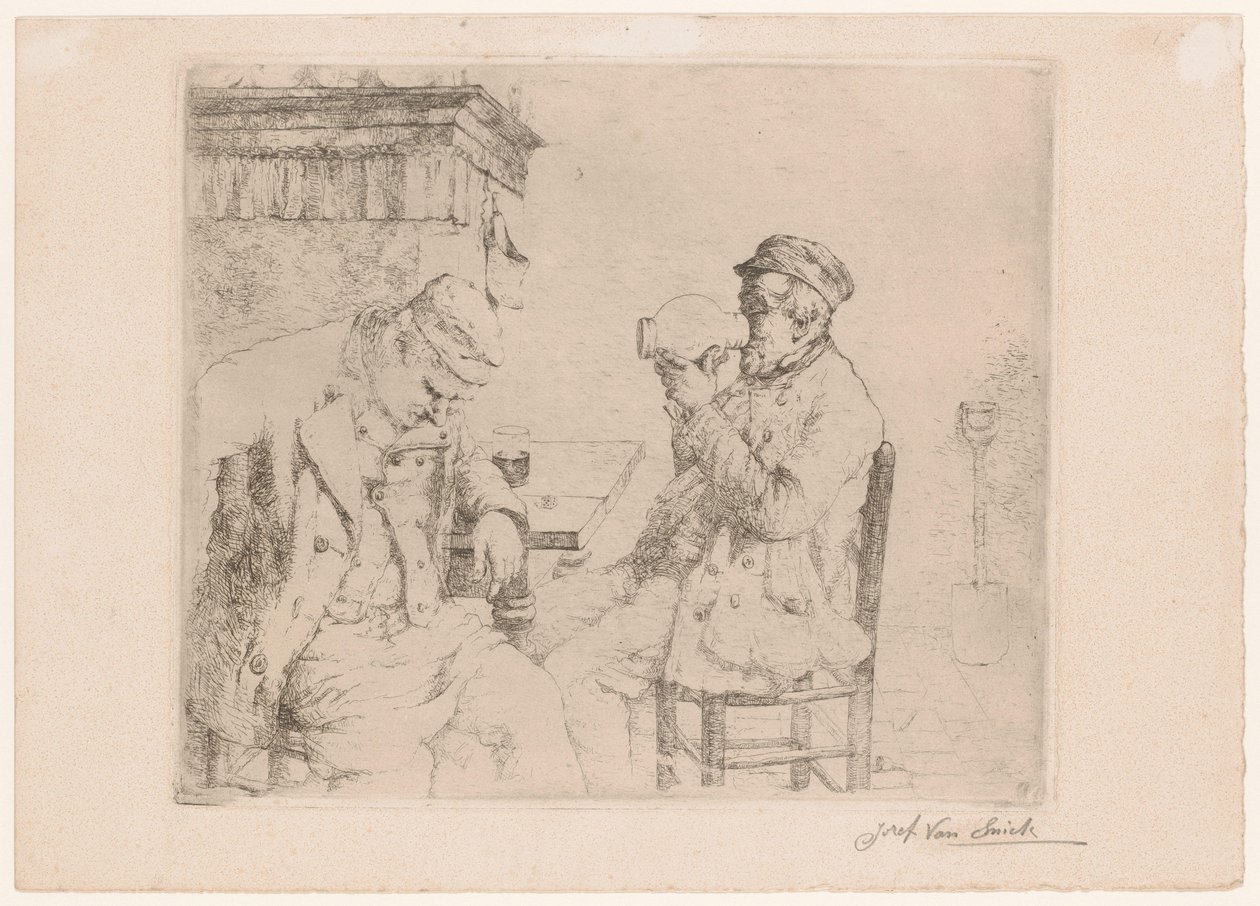 Twee drinkende mannen aan tafel bij een schouw door Jozef van Snick