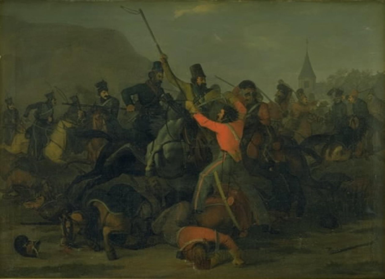 Kolonel Boncke Bönnichsens val op 6 december 1813 tijdens een gevecht tussen Jutlandse dragonders en Kozakken door Jørgen V. Sonne