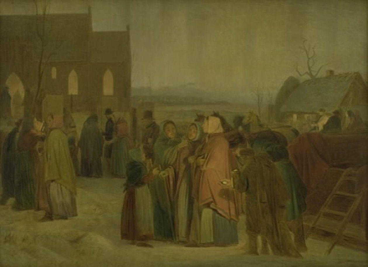 Boeren buiten de kerk op een kerstochtend door Jørgen V. Sonne