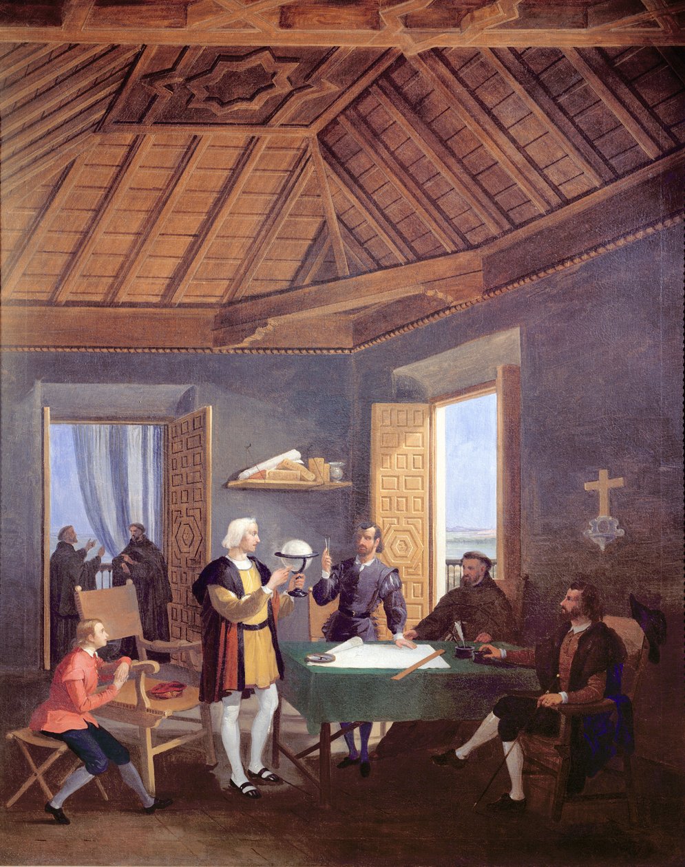 Christoffel Columbus, vergezeld door zijn zoon Diego, legt zijn verkenningsplannen uit aan de prior van het Franciscaner klooster van Santa Maria de la Rabida, de arts Garcia Fernandes en Alonso Pinz door Juan Cabral Bejarano